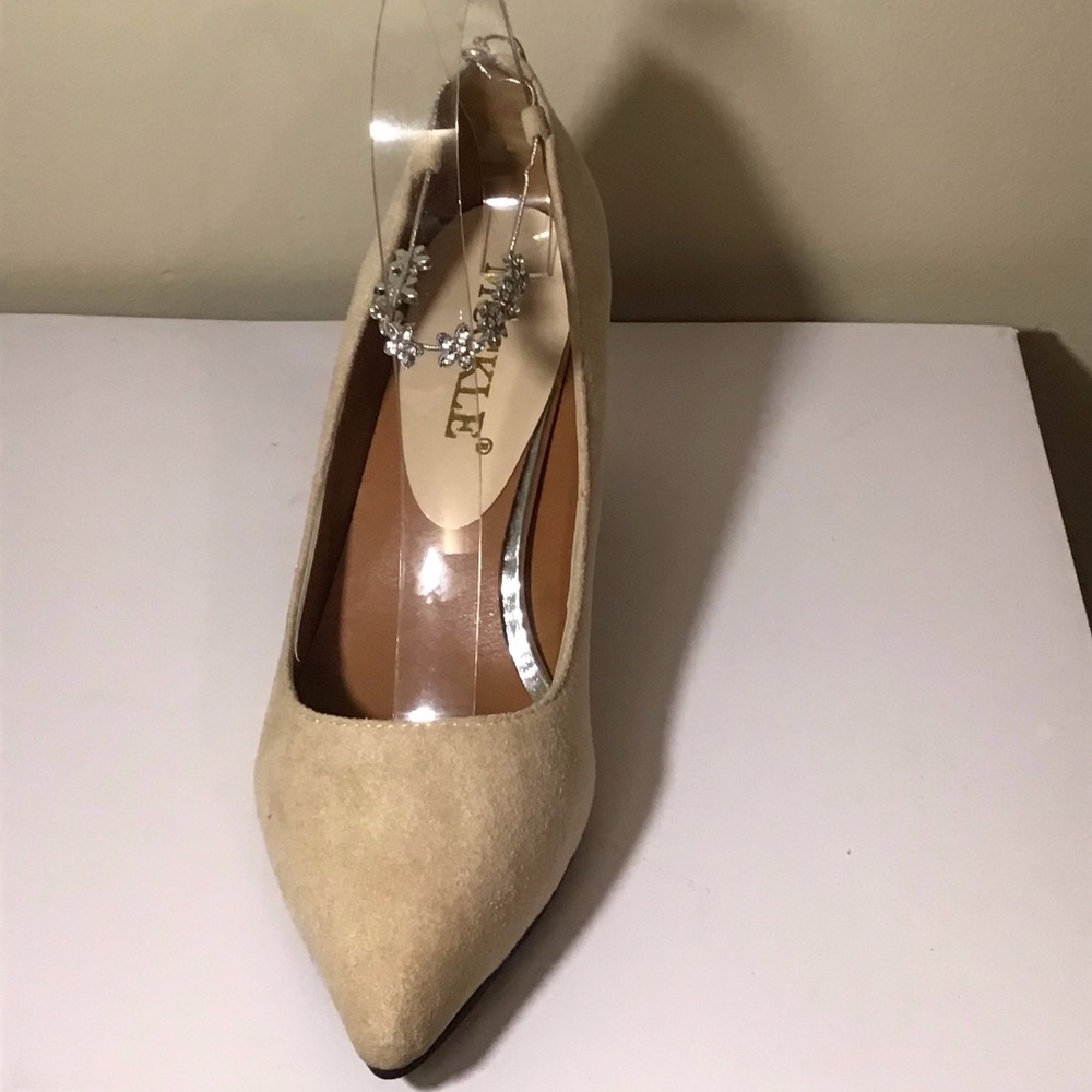 Suede pumps with an faux diamond ankle embellishme